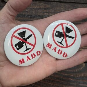 Two MADD Pins, Mothers Against Drunk Driving Buttons, Activist Brooches